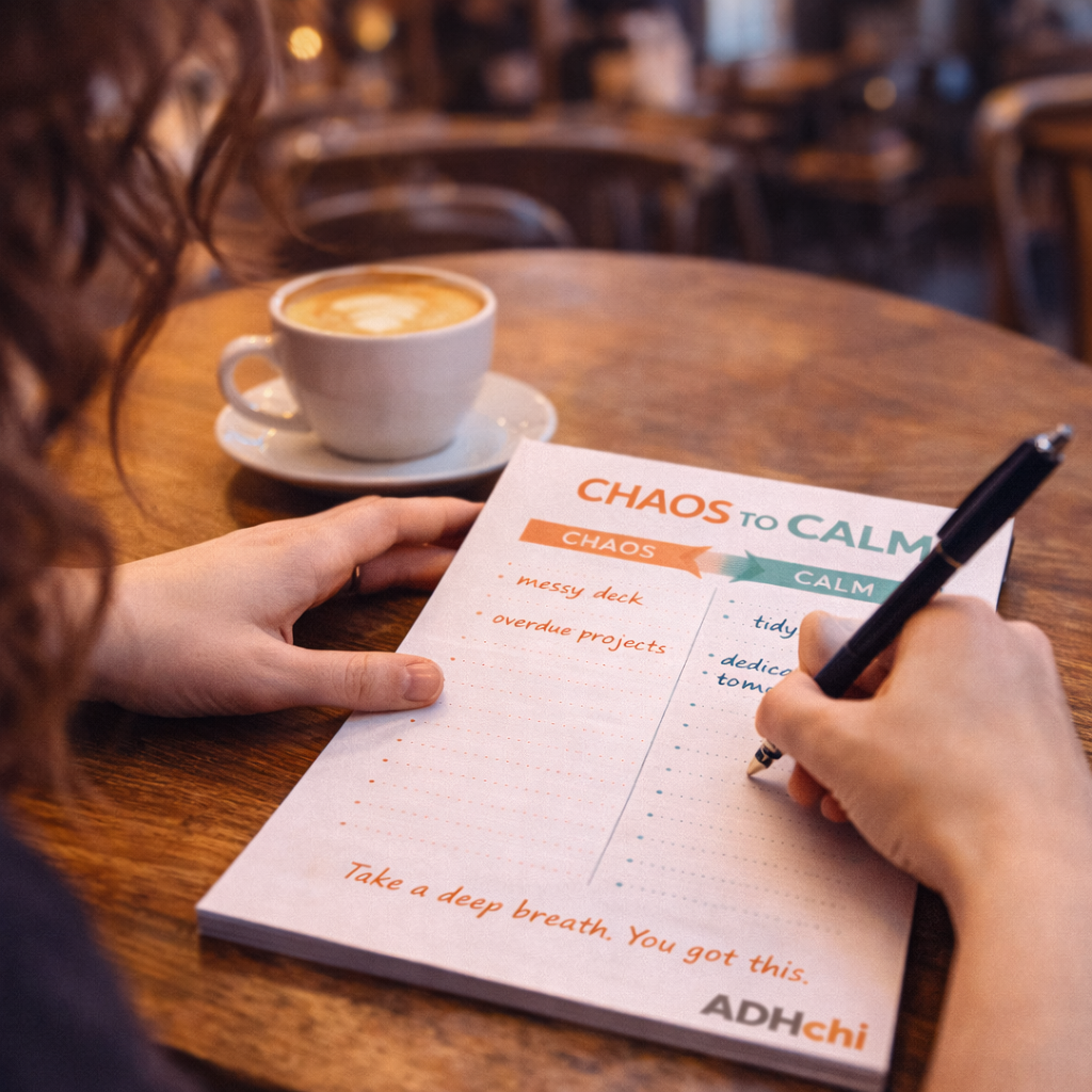 A calm moment in a coffee shop, capturing the quiet chaos of daily life with ADHD
